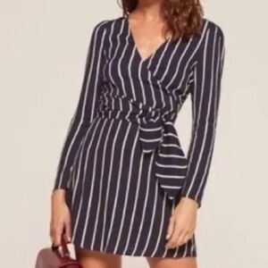 Reformation Zircon in Capone Stripes Long Sleeves Wrap Dress Navy Blue US 0
